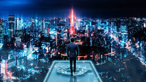 istock Business man on future network city 1191470712
