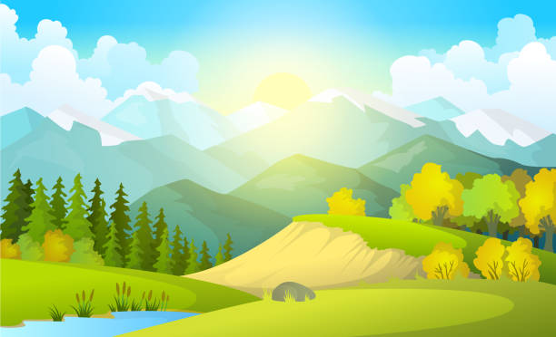 vektor-illustration von schönen sommerfelder landschaft mit einer morgendämmerung, grüne hügel, helle farbe blauen himmel, land hintergrund in flachen cartoon-stil banner - fern forest tree area vector stock-grafiken, -clipart, -cartoons und -symbole