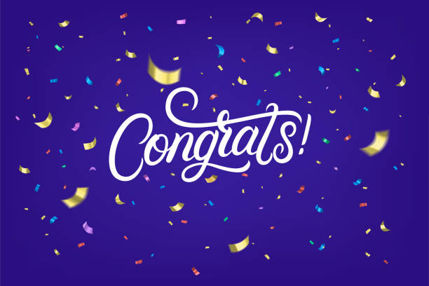 Congrats hand written lettering text Congrats hand written lettering text with colorful sparcles confetti on blue background. Use us template for party, sale, holiday congratulations banner. Realistic festive style. Vector illustration. congratulations confetti stock illustrations