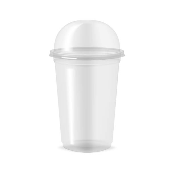 ilustrações de stock, clip art, desenhos animados e ícones de clear empty plastic cup with dome lid, realistic mockup. disposable transparent takeaway drink container isolated on white background, vector template - malt white background alcohol drink