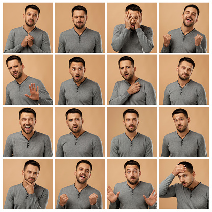 collage de retratos de hombre con diferentes emociones photo