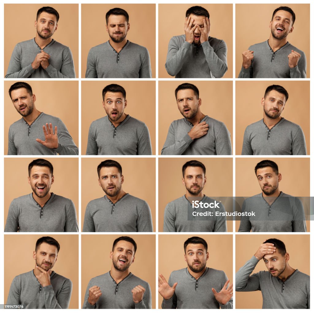 collage of portraits of man with different emotions collage of portraits of handsome bearded man with different positive and negative emotions on beige background Facial Expression Stock Photo