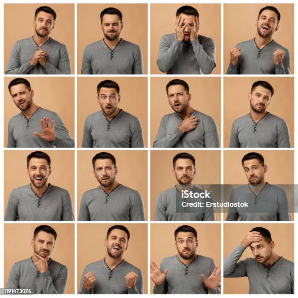 Collage Of Portraits Of Man With Different Emotions Stock Photo - Download Image Now