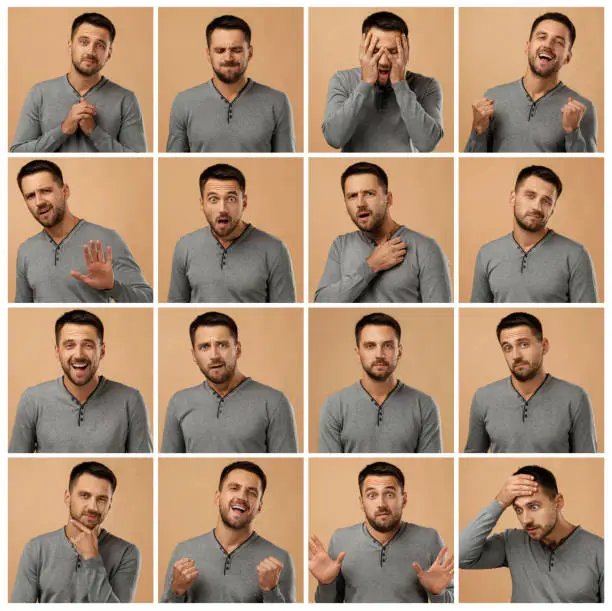 collage of portraits of handsome bearded man with different positive and negative emotions on beige background