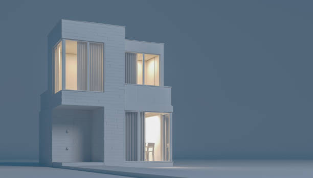 istock Modern house view from the outside in white materials imitating the layout with night lighting and light from the windows.3D illustration 1191473148