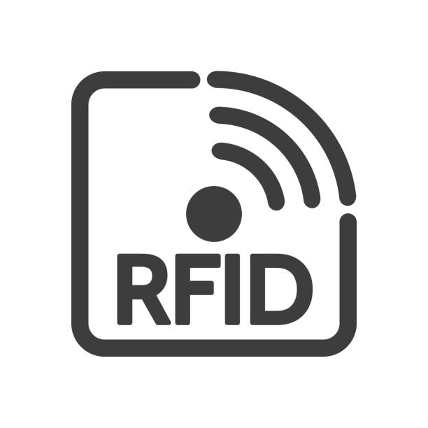 Rfid technology label Rfid technology label. Frequency identification tag, electronic identify smart icon, semiconductor circuit antenna personal tagging system, radio signals tracking inventory sign radio frequency identification stock illustrations