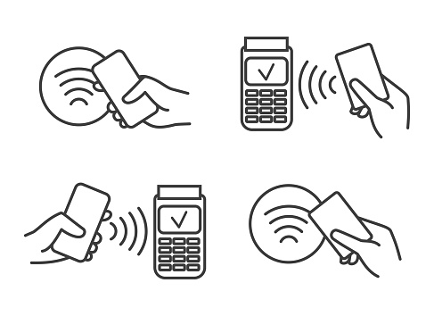 Contactless payment icons. Nfc payments symbols, card or phone in hand for mobile contact less pay, banking machine terminal signs