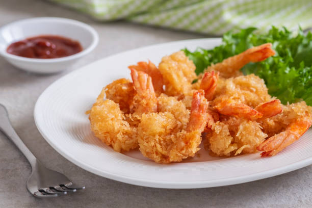 Fried shrimp and vegetable on plate Fried shrimp and vegetable on plate breaded photos stock pictures, royalty-free photos & images