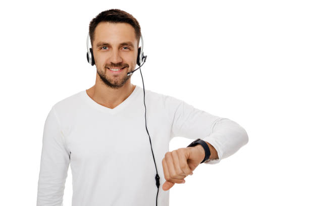 istock Call center worker man on white background. 1191476672