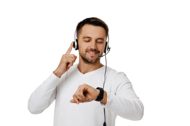 istock Call center worker man on white background. 1191477715