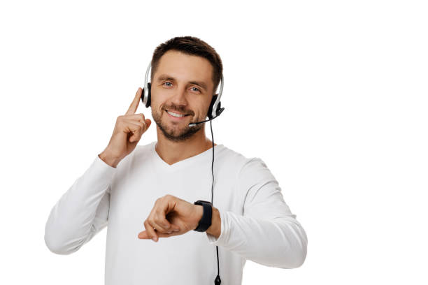 istock Call center worker man on white background. 1191480095