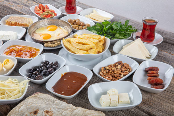 istock Delicious traditional turkish breakfast.  Breakfast on the grey wooden table, top view. 1191483190