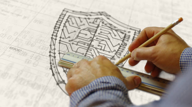 istock Cyber security with shield symbol futuristic sketch 1191483483