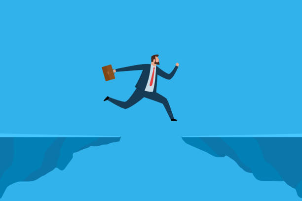 Businessman jumping over gap. Businessman jumping over gap. Business risk and success concept. Vector illustration. cliffs stock illustrations