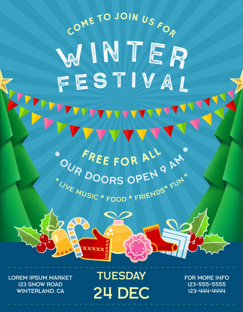 Poster for winter festival with invitational text and celebration attributes. Flyer with blue striped background, Abstract green pine trees, bright flags, garlands, gifts. Vertical banner for event template design. Vector illustration. fete stock illustrations
