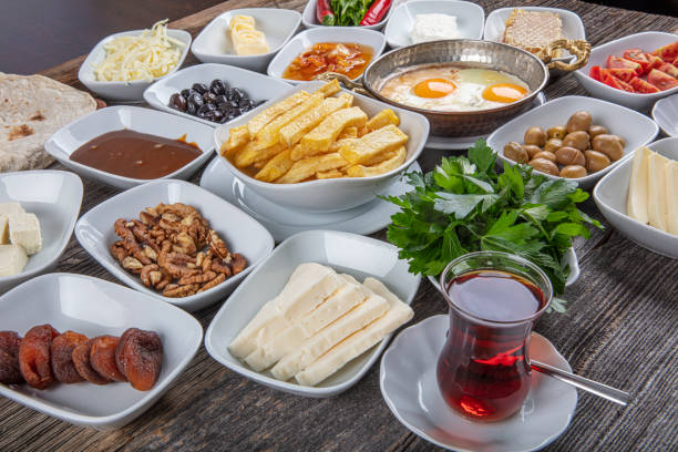 istock Delicious traditional turkish breakfast.  Breakfast on the grey wooden table, top view. 1191487724