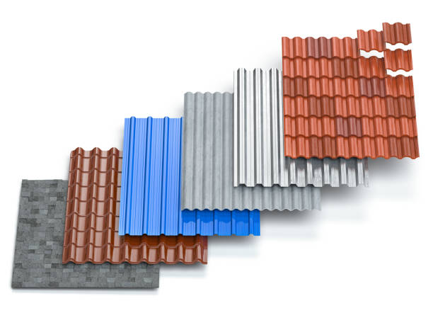 Different types of roof coating. Sheet metal  profiles, ceramic tiles, asphalt roofing shingles and gypsum slate isolated on white background. Different types of roof coating. Sheet metal  profiles, ceramic tiles, asphalt roofing shingles and gypsum slate isolated on white background. 3d illustration material stock pictures, royalty-free photos & images