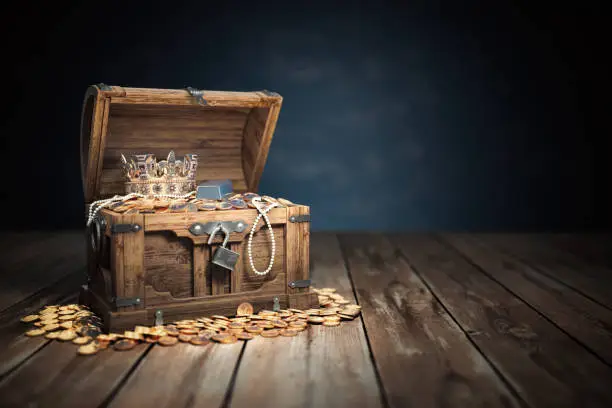 Open treasure chest filled with golden coins, gold  and jewelry. 3d illustration