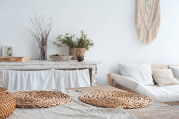 istock Scandinavian style kitchen decor details. Table, board, rustic kitchen interior in bright colors and copy space. 1191489628