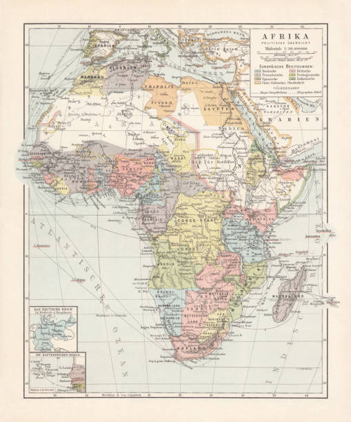 Political map of Africa, lithograph, published in 1899 Political map of Africa at the end of the 19th century. Lithograph, published in 1899. colonies map stock illustrations