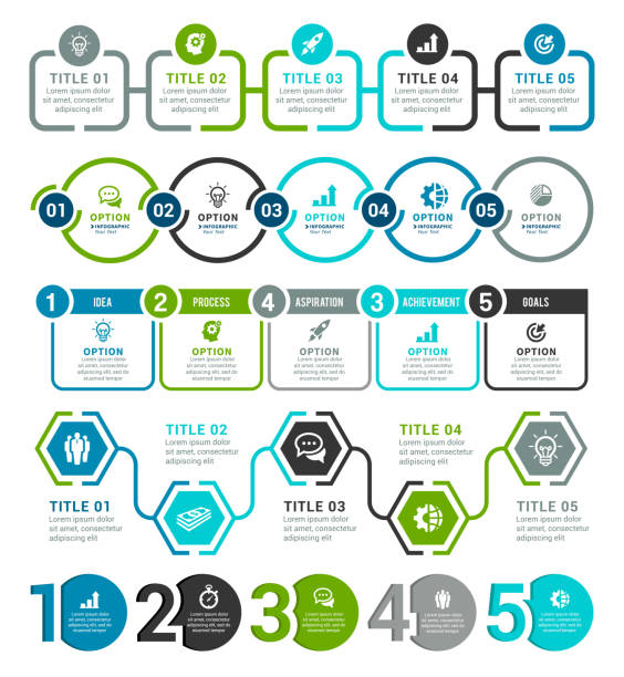 ilustraciones, imágenes clip art, dibujos animados e iconos de stock de conjunto de elementos infográficos - flowchart symbol computer icon icon set