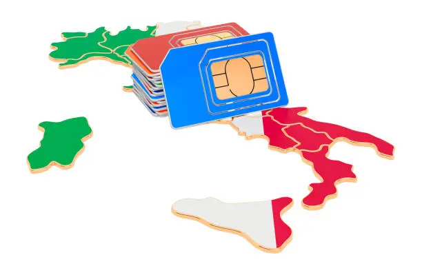 Sim cards on the Italian map. Mobile communications, roaming in Italy, concept. 3D rendering isolated on white background