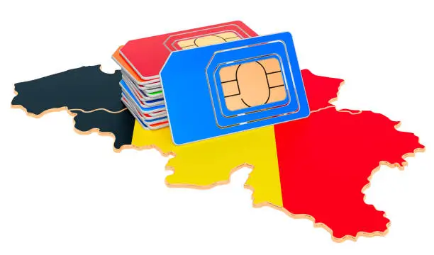 Sim cards on the Belgian map. Mobile communications, roaming in Belgium, concept. 3D rendering isolated on white background