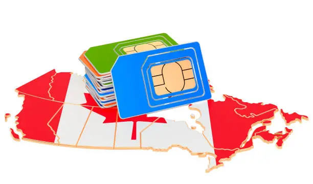 Sim cards on the Canadian map. Mobile communications, roaming in Canada, concept. 3D rendering isolated on white background
