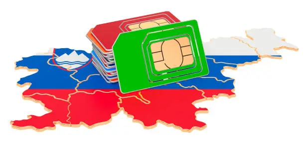 Sim cards on the Slovenian map. Mobile communications, roaming in Slovenia, concept. 3D rendering isolated on white background