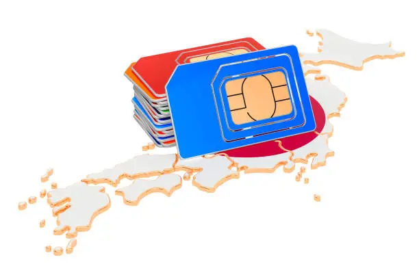 Sim cards on the Japanese map. Mobile communications, roaming in Japan, concept. 3D rendering isolated on white background