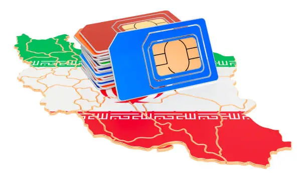 Sim cards on the Iranian map. Mobile communications, roaming in Iran, concept. 3D rendering isolated on white background
