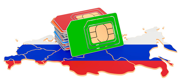 Sim cards on the Russian map. Mobile communications, roaming in Russia, concept. 3D rendering isolated on white background