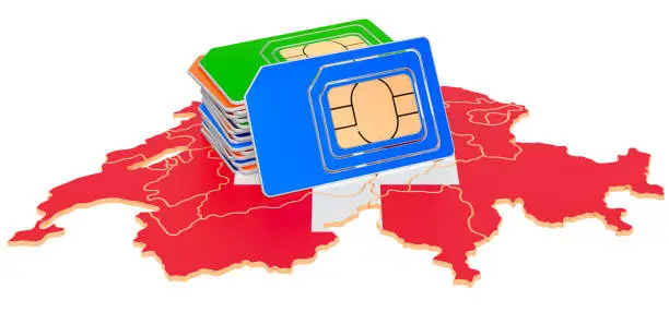 Sim cards on the Swiss map. Mobile communications, roaming in Switzerland, concept. 3D rendering isolated on white background