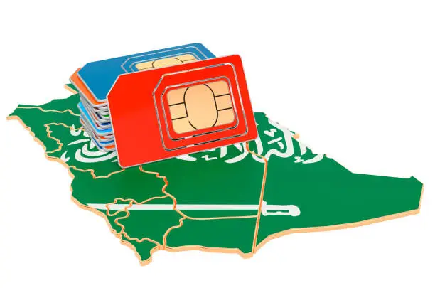 Sim cards on the Saudi Arabian map. Mobile communications, roaming in Saudi Arabia, concept. 3D rendering isolated on white background