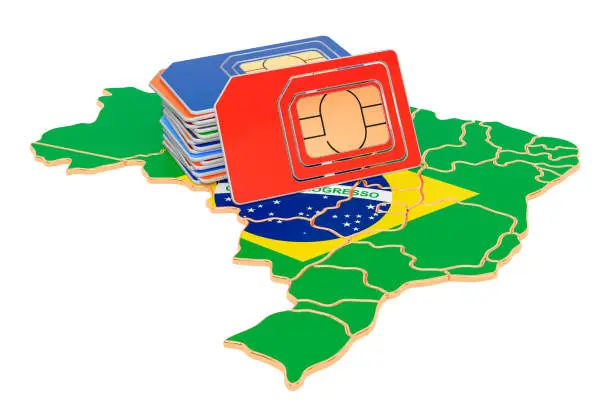 Sim cards on the Brazilian map. Mobile communications, roaming in Brazil, concept. 3D rendering isolated on white background