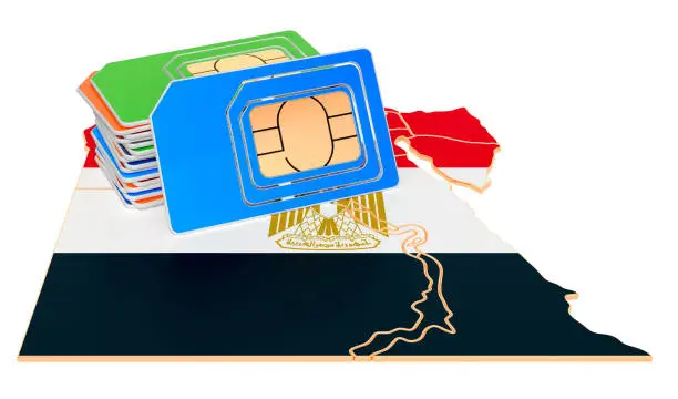 Sim cards on the Egyptian map. Mobile communications, roaming in Egypt, concept. 3D rendering isolated on white background
