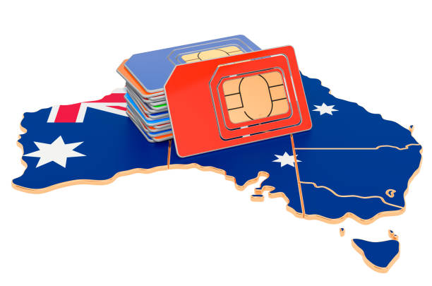 istock Sim cards on the Australian map. Mobile communications, roaming in Australia, concept. 3D rendering isolated on white background 1191496720