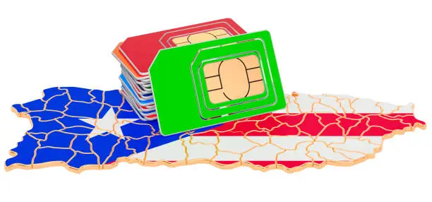 Sim cards on the Puerto Rican map. Mobile communications, roaming in Puerto Rico, concept. 3D rendering isolated on white background
