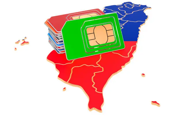 Sim cards on the Thai map. Mobile communications, roaming in Taiwan, concept. 3D rendering isolated on white background