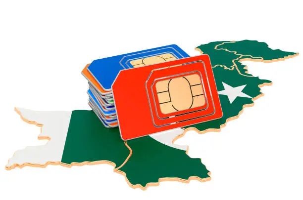 Sim cards on the Pakistani map. Mobile communications, roaming in Pakistan, concept. 3D rendering isolated on white background
