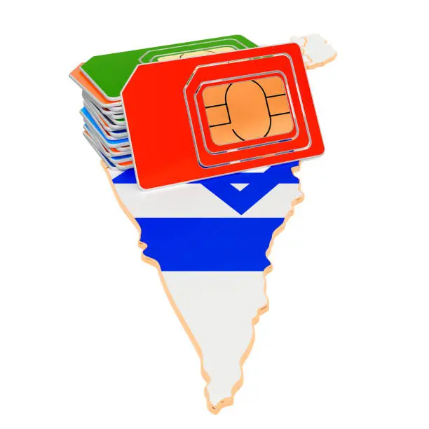 Sim cards on the Israeli map. Mobile communications, roaming in Israel, concept. 3D rendering isolated on white background