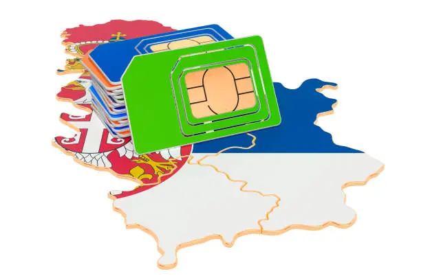 Sim cards on the Serbian map. Mobile communications, roaming in Serbia, concept. 3D rendering isolated on white background