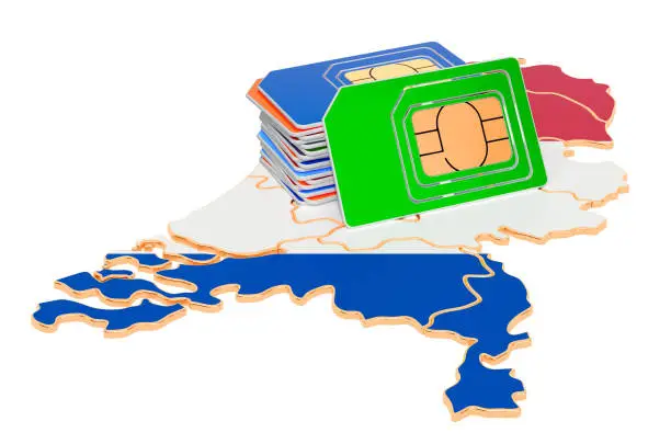 Sim cards on the Netherlands map. Mobile communications, roaming in Holland, concept. 3D rendering isolated on white background