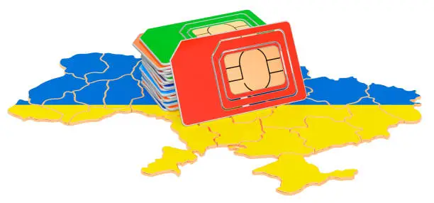 Sim cards on the Ukrainian map. Mobile communications, roaming in Ukraine, concept. 3D rendering isolated on white background