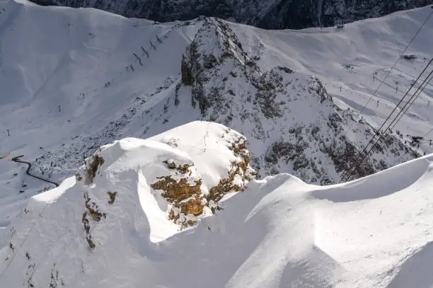 Sunny view of Dolomite Alps from viewpoint of Passo Pordoi near Canazei of Val di Fassa, Trentino-Alto-Adige region, Italy.