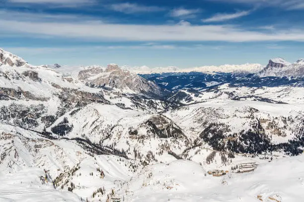 Sunny view of Dolomite Alps near Alta Badia of Val di Fassa, Trentino-Alto-Adige region, Italy.