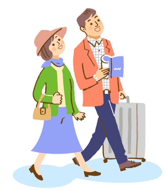 Couple doing a sightseeing trip with a suitcase travel,family honeymoon book stock illustrations