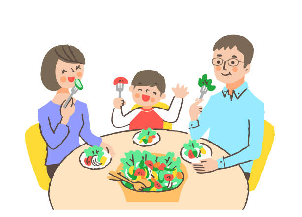 ilustraciones, imágenes clip art, dibujos animados e iconos de stock de mamá, papá y niño comiendo ensalada en la mesa - dining table illustrations