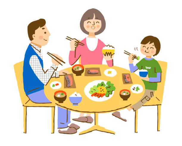 ilustraciones, imágenes clip art, dibujos animados e iconos de stock de familia de tres comiendo comida japonesa con una sonrisa - dining table illustrations