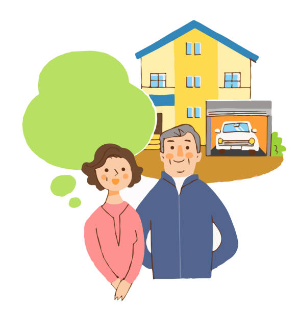 ilustrações de stock, clip art, desenhos animados e ícones de senior couple standing with smile in front of house - old men car vertical